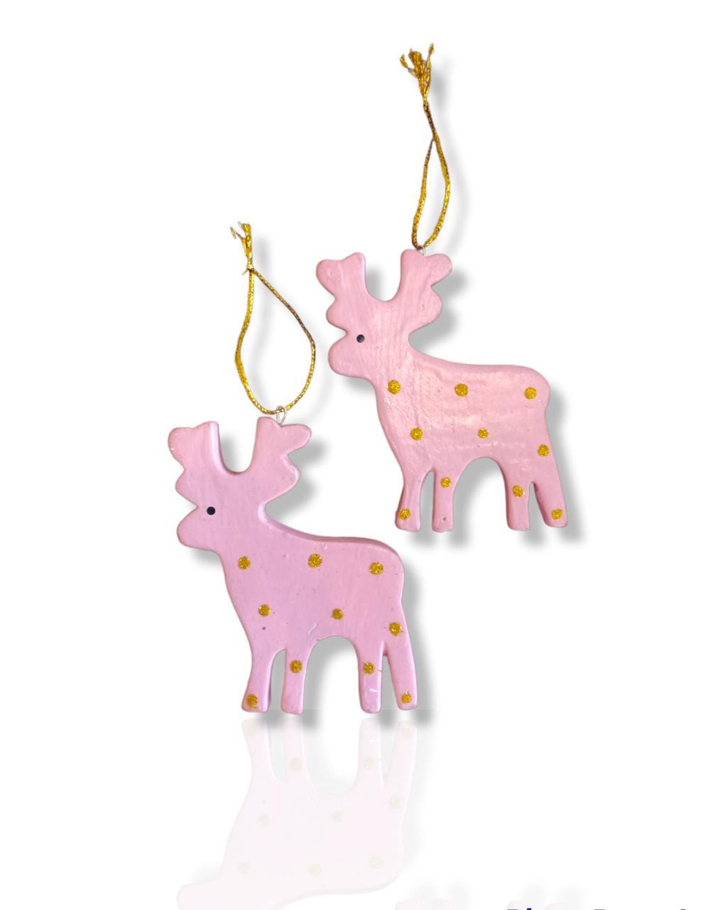 Wooden Christmas Ornaments Deer Pink Dot